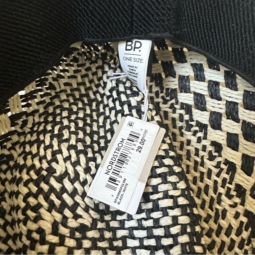 NWT BP straw sun hat black white with black chin tie resortwear beach - Picture 4 of 5